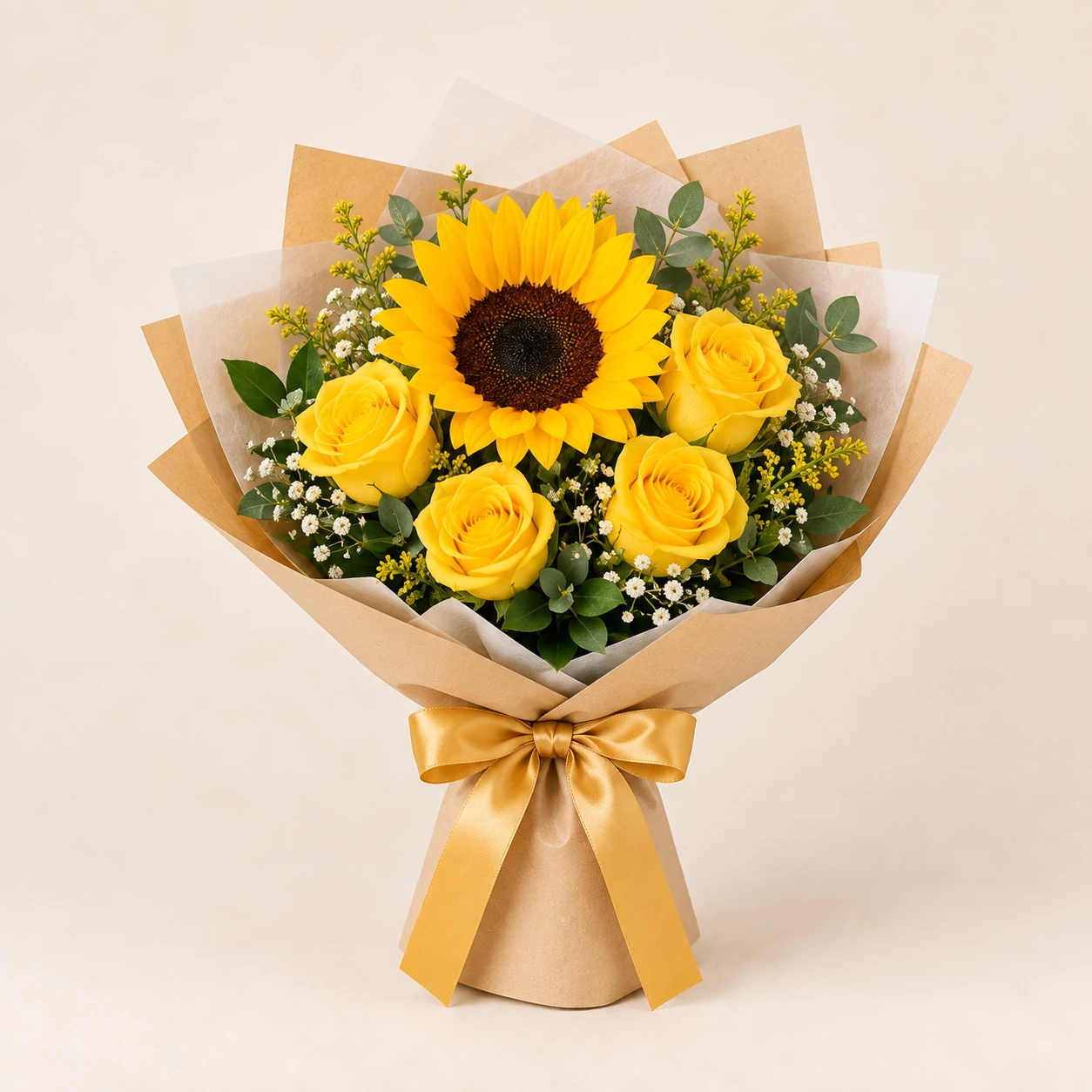 Ramo de girasol y 4 rosas amarillas
